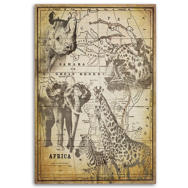 Africa old map with animals elephant giraffe cheetah zebra rhino