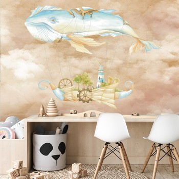 Flying whale and ship blue beige